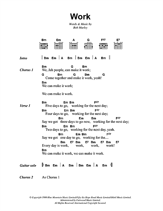 Bob Marley Work Sheet Music Notes & Chords for Lyrics & Chords - Download or Print PDF