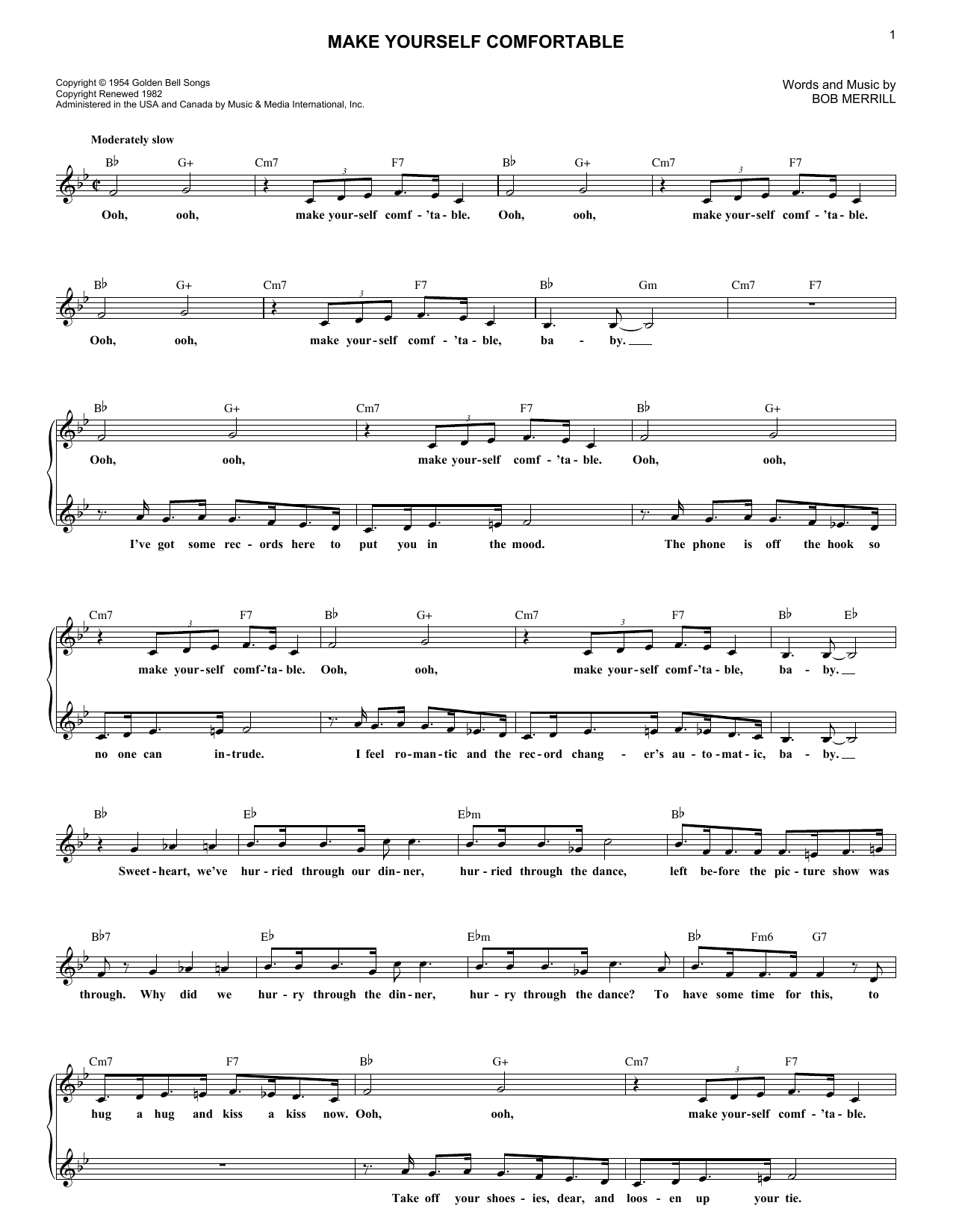 Preview Bob Merrill Make Yourself Comfortable Film and TV sheet music, notes and chords for Piano, SKU: 24438 sheet music, piano notes, chords, guitar tabs, score, transpose, transcribe, how to play, guide, download, learn, tutorial, progression, song, artist, awards, billboard, mtv, vh1, tour, single, album, release