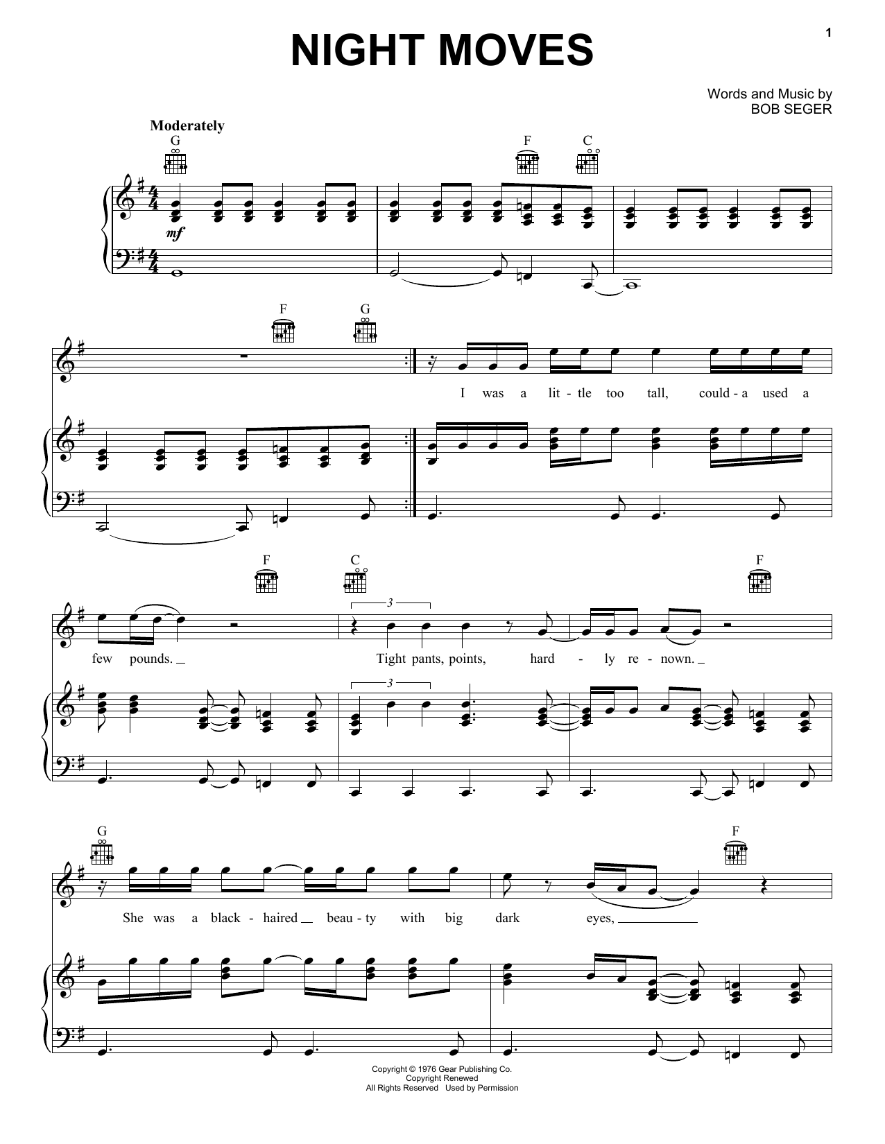 Preview Bob Seger Night Moves Rock sheet music, notes and chords for Guitar Lead Sheet, SKU: 164871 Night Moves sheet music