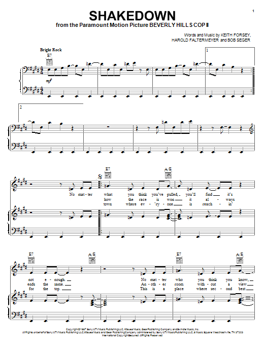 Preview Bob Seger Shakedown Rock sheet music, notes and chords for Piano, Vocal & Guitar (Right-Hand Melody), SKU: 18164 Shakedown sheet music