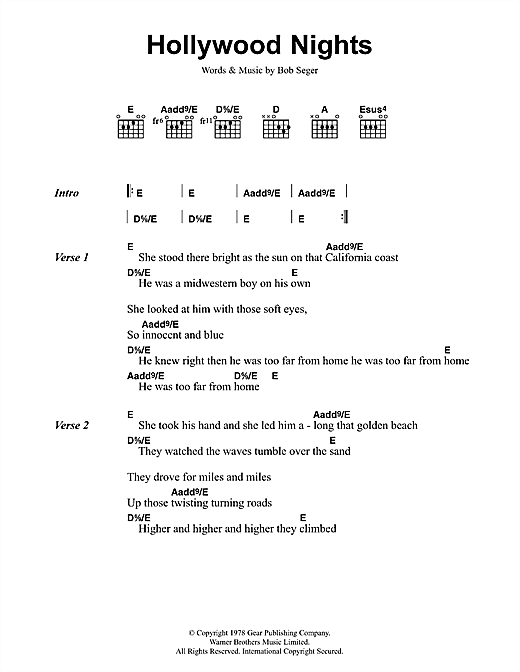 Bob Seger And The Silver Bullet Band Hollywood Nights Sheet Music Notes & Chords for Lyrics & Chords - Download or Print PDF