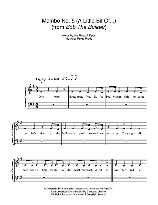 Bob the Builder Mambo No. 5 (A Little Bit Of... ) Sheet Music Notes & Chords for 5-Finger Piano - Download or Print PDF