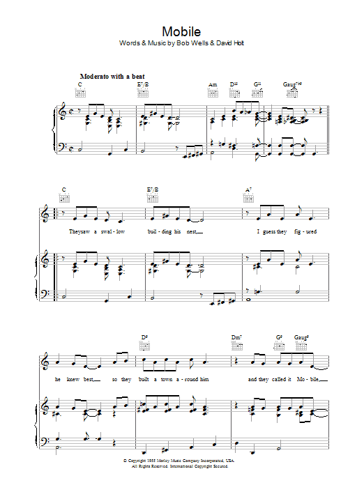 Preview Bob Wells Mobile Pop sheet music, notes and chords for Piano, Vocal & Guitar (Right-Hand Melody), SKU: 37458 Mobile sheet music