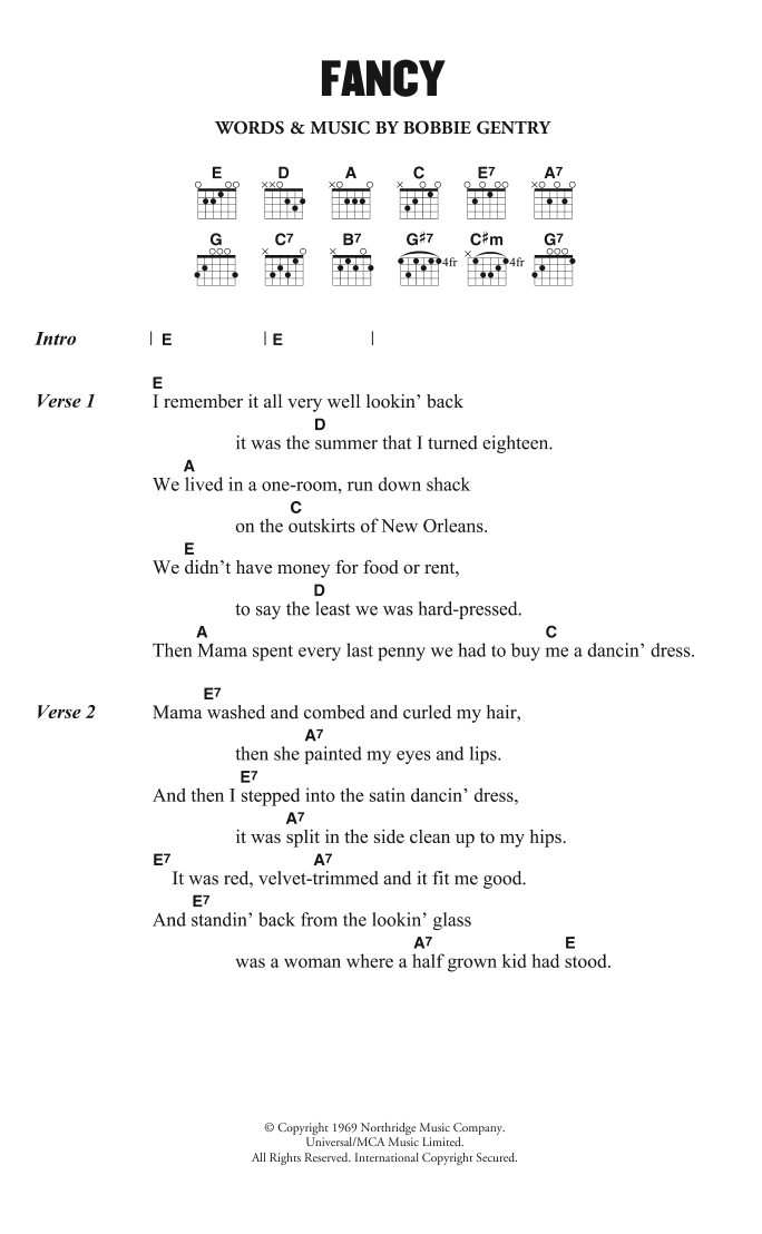 Bobbie Gentry Fancy Sheet Music Notes & Chords for Lyrics & Chords - Download or Print PDF