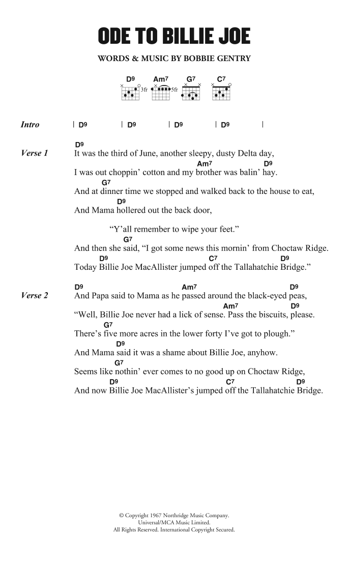 Bobbie Gentry Ode To Billie Joe Sheet Music Notes & Chords for Lyrics & Chords - Download or Print PDF
