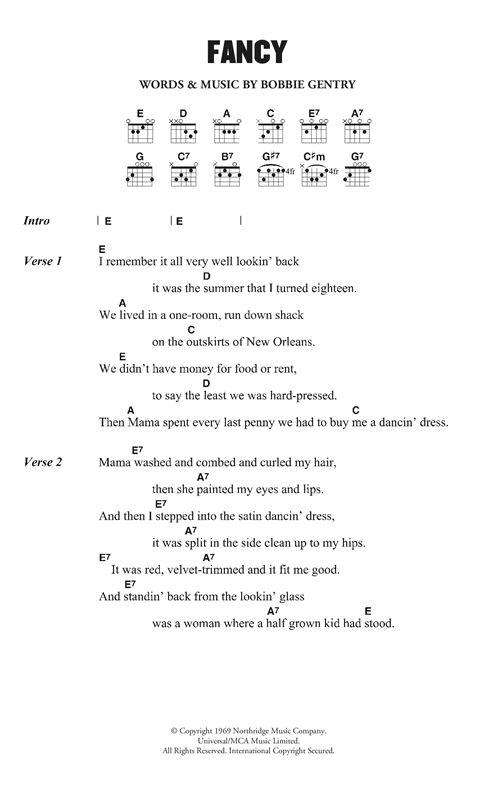 Bobbie Gentry Fancy Sheet Music Notes & Chords for Lyrics & Chords - Download or Print PDF