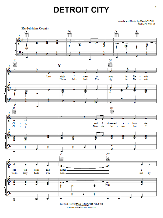 Bobby Bare Detroit City Sheet Music Notes & Chords for Piano, Vocal & Guitar (Right-Hand Melody) - Download or Print PDF