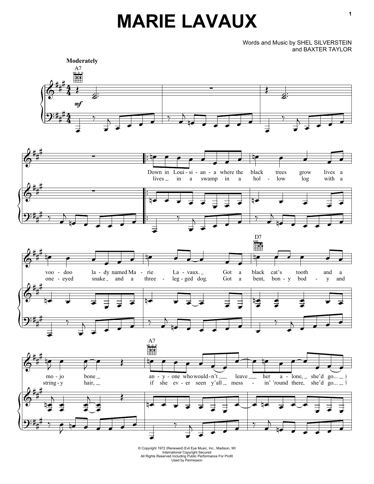 Bobby Bare Marie Lavaux Sheet Music Notes & Chords for Piano, Vocal & Guitar (Right-Hand Melody) - Download or Print PDF