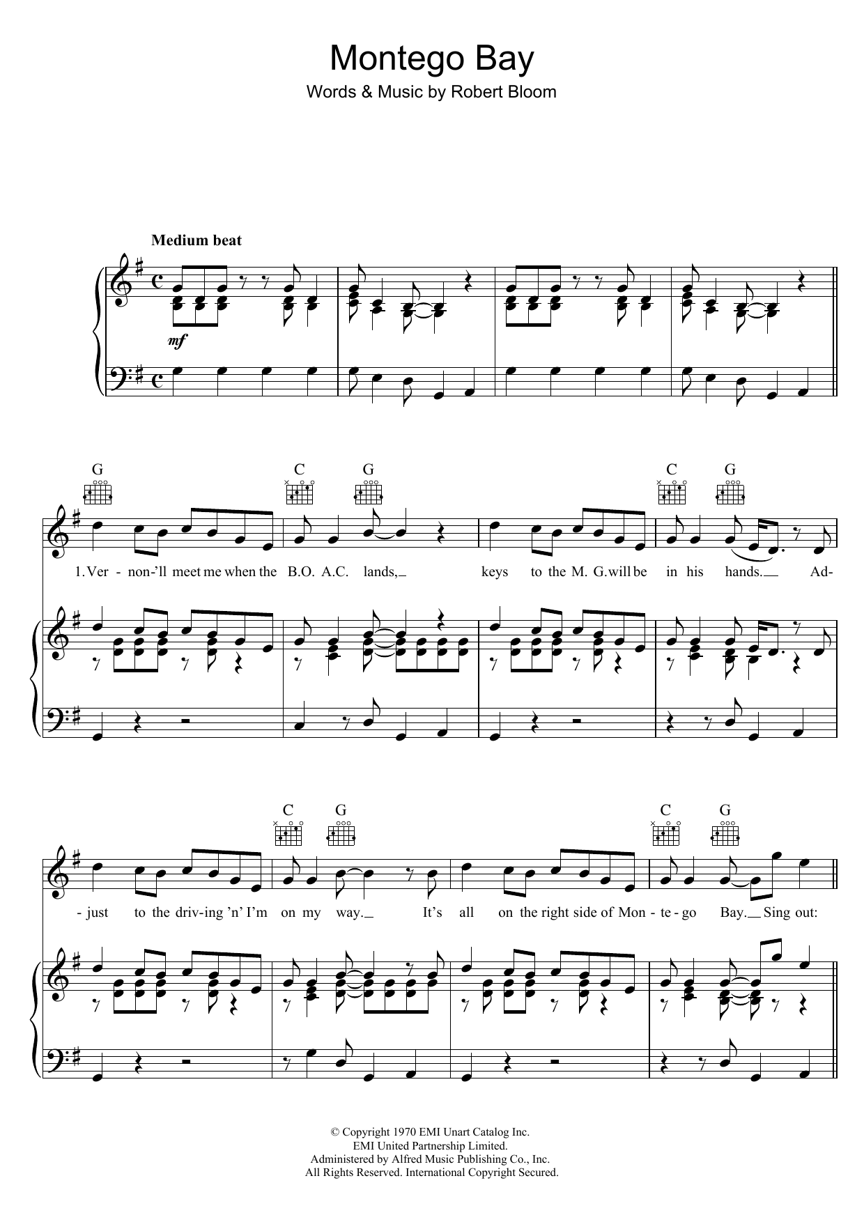 Bobby Bloom Montego Bay Sheet Music Notes & Chords for Piano, Vocal & Guitar (Right-Hand Melody) - Download or Print PDF