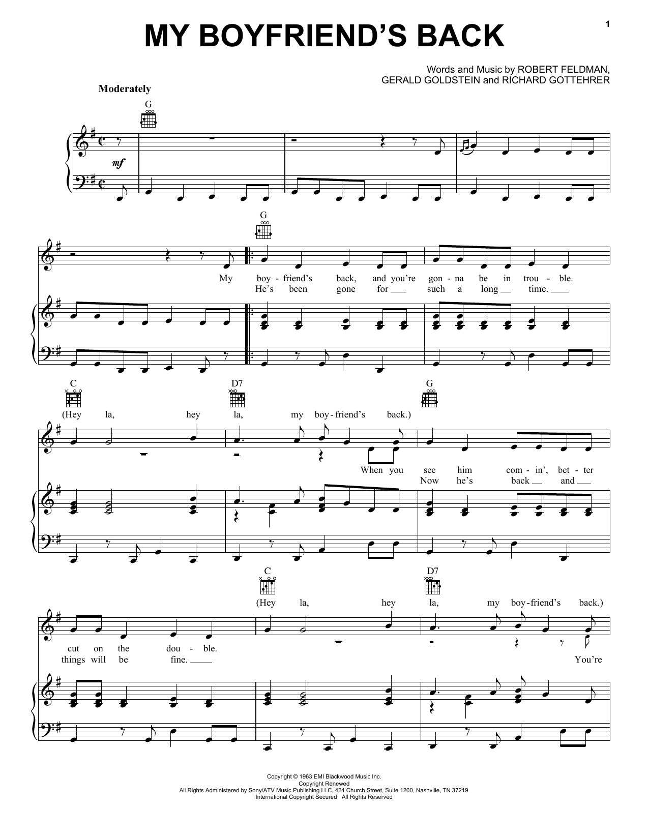 Bobby Comstock My Boyfriend's Back Sheet Music Notes & Chords for Piano, Vocal & Guitar (Right-Hand Melody) - Download or Print PDF