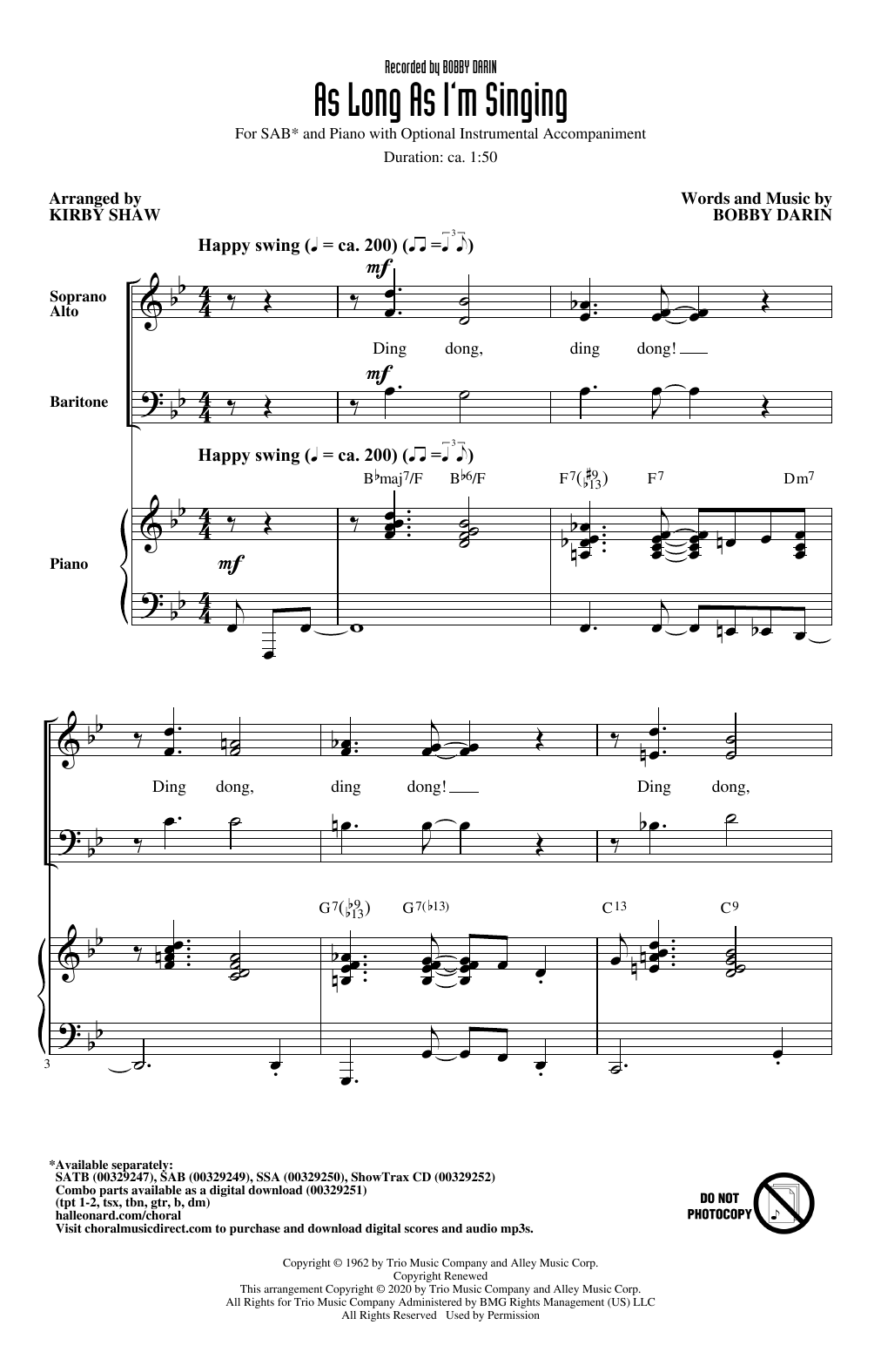 Bobby Darin As Long As I'm Singing (arr. Kirby Shaw) Sheet Music Notes & Chords for SSA Choir - Download or Print PDF