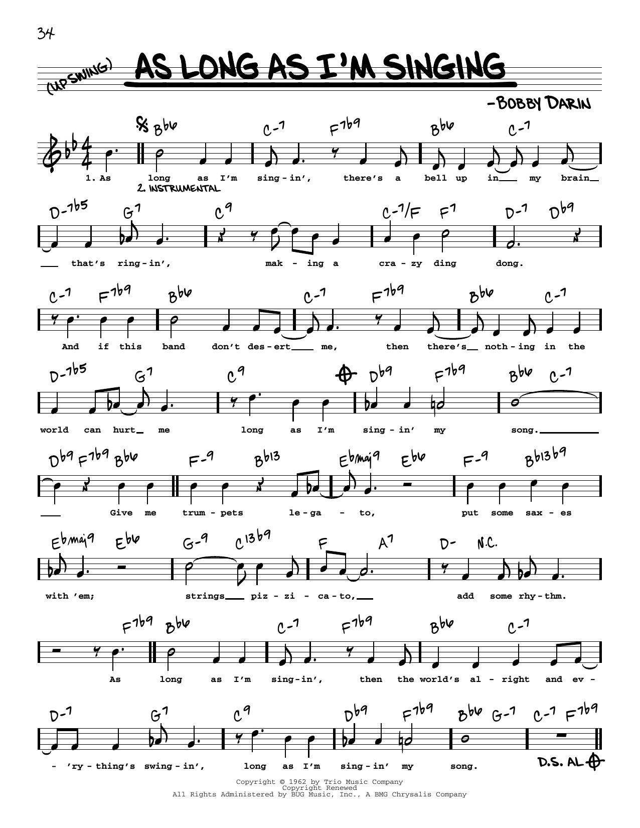 Bobby Darin As Long As I'm Singing (High Voice) Sheet Music Notes & Chords for Real Book – Melody, Lyrics & Chords - Download or Print PDF