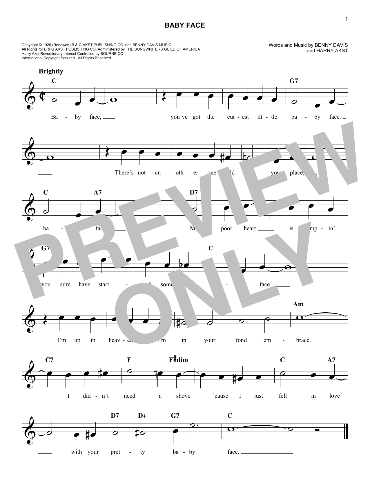 Bobby Darin Baby Face Sheet Music Notes & Chords for Melody Line, Lyrics & Chords - Download or Print PDF