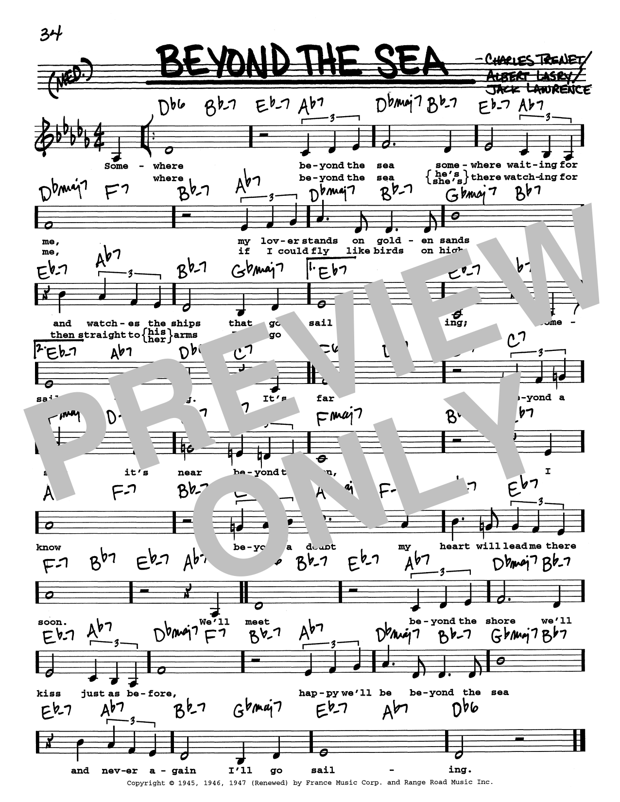 Bobby Darin Beyond The Sea (Low Voice) Sheet Music Notes & Chords for Real Book – Melody, Lyrics & Chords - Download or Print PDF