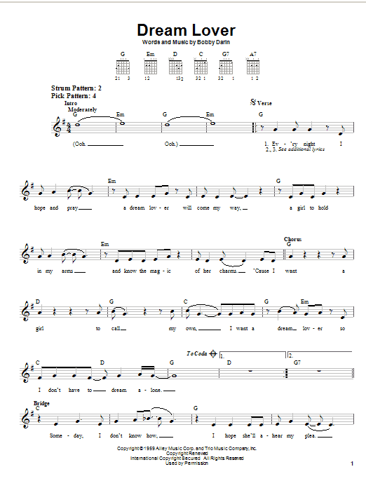 Bobby Darin Dream Lover Sheet Music Notes & Chords for Easy Guitar - Download or Print PDF
