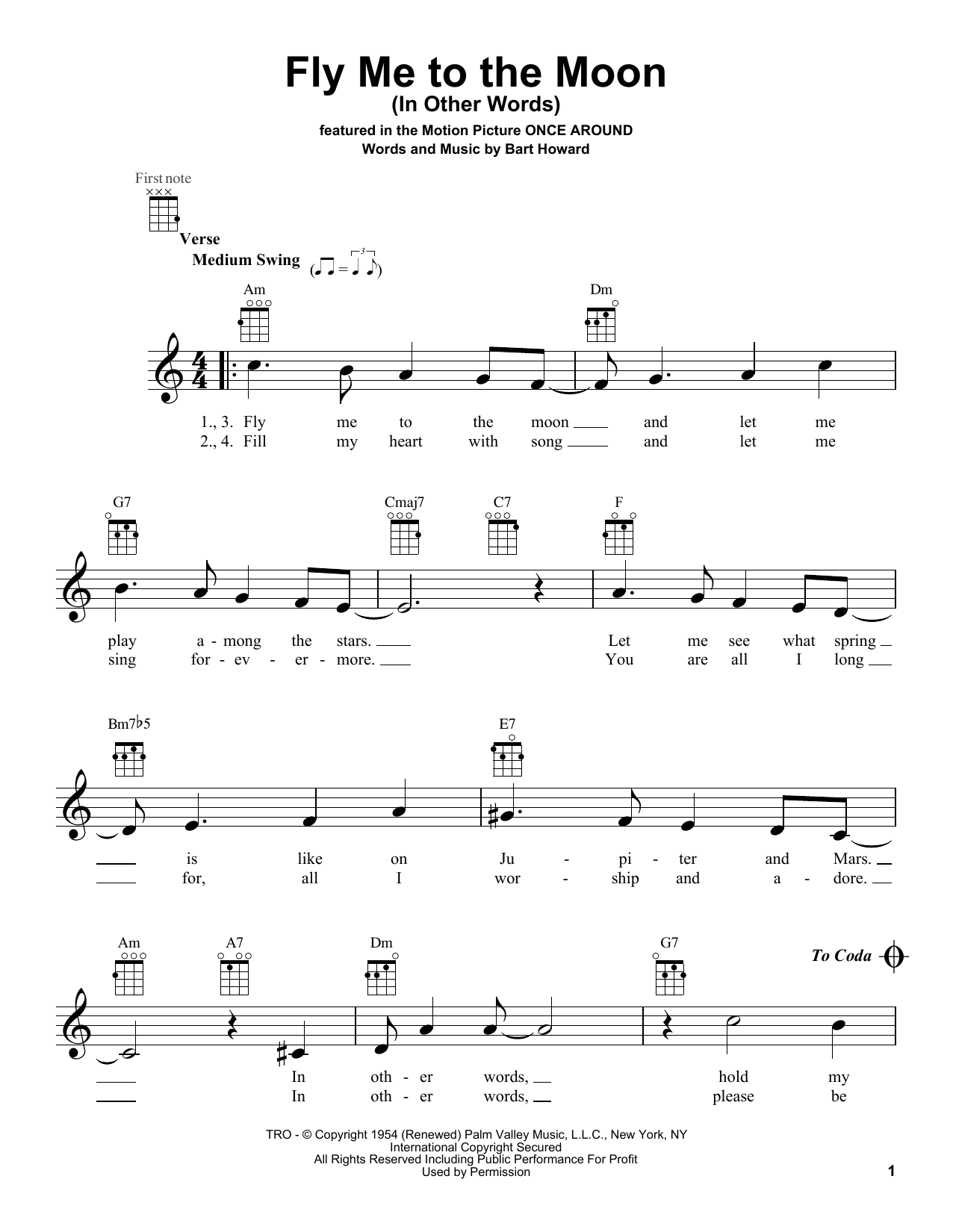 Bobby Darin Fly Me To The Moon (In Other Words) Sheet Music Notes & Chords for Ukulele - Download or Print PDF