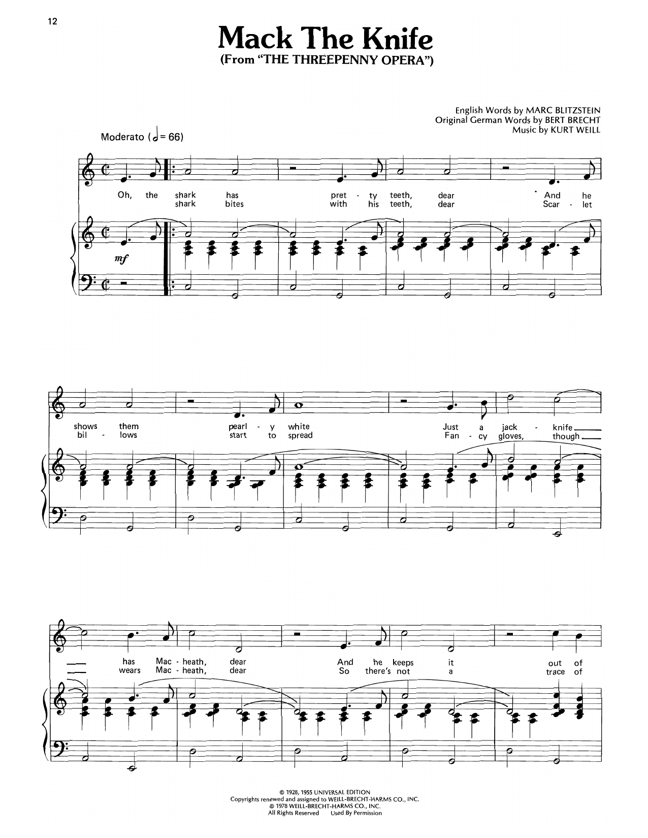 Bobby Darin Mack The Knife (from The Threepenny Opera) Sheet Music Notes & Chords for Piano, Vocal & Guitar Chords (Right-Hand Melody) - Download or Print PDF