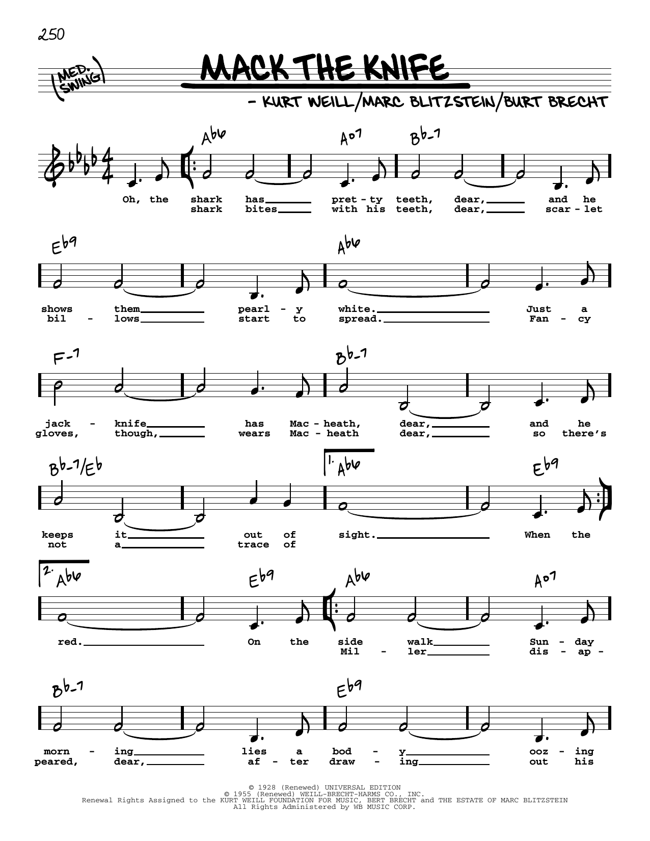 Bobby Darin Mack The Knife (Low Voice) Sheet Music Notes & Chords for Real Book – Melody, Lyrics & Chords - Download or Print PDF