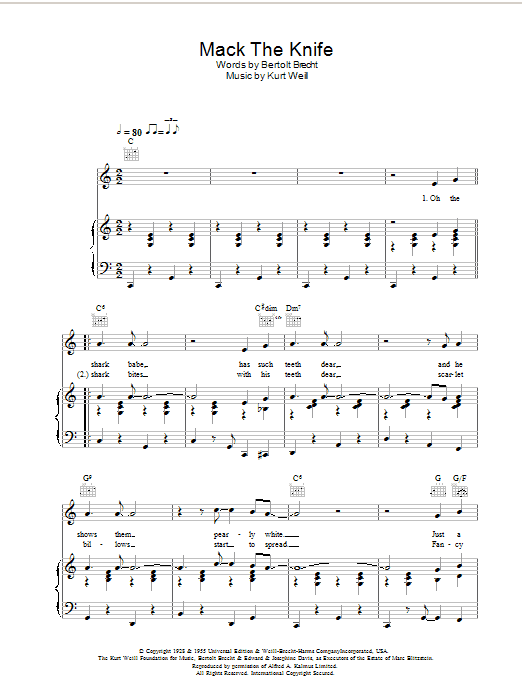 Bobby Darin Mack The Knife Sheet Music Notes & Chords for Melody Line, Lyrics & Chords - Download or Print PDF