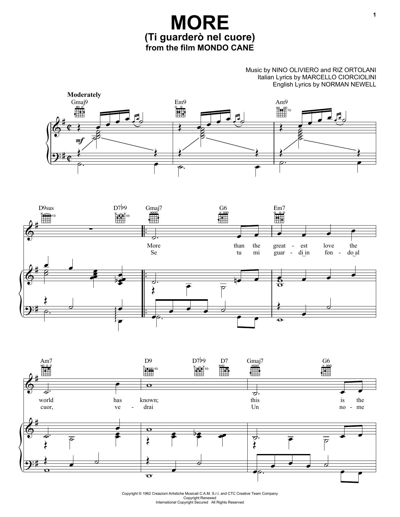 Bobby Darin More (Ti Guardero Nel Cuore) Sheet Music Notes & Chords for Piano, Vocal & Guitar (Right-Hand Melody) - Download or Print PDF