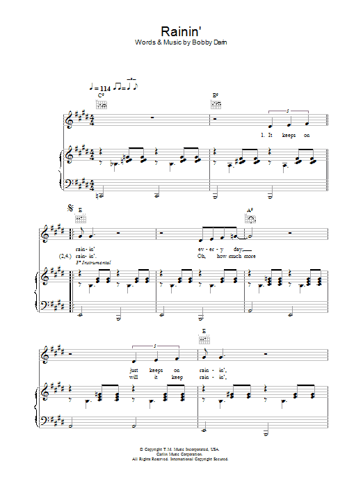 Bobby Darin Rainin' Sheet Music Notes & Chords for Piano, Vocal & Guitar - Download or Print PDF