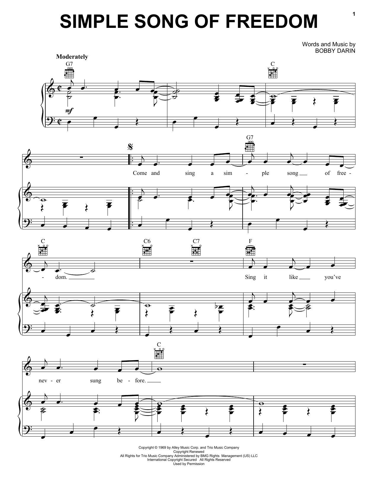 Bobby Darin Simple Song Of Freedom Sheet Music Notes & Chords for Piano, Vocal & Guitar (Right-Hand Melody) - Download or Print PDF