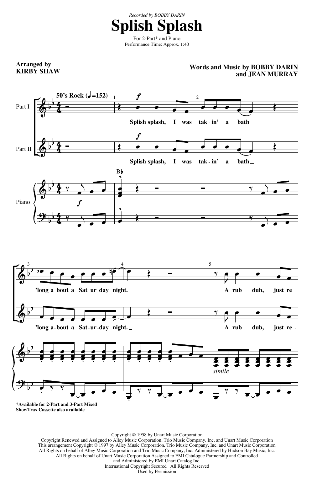 Bobby Darin Splish Splash (arr. Kirby Shaw) Sheet Music Notes & Chords for 2-Part Choir - Download or Print PDF