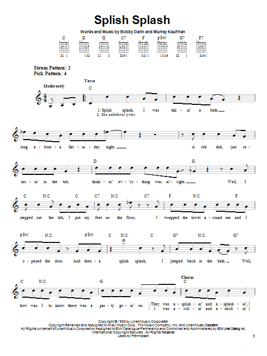 Bobby Darin Splish Splash Sheet Music Notes & Chords for Easy Guitar Tab - Download or Print PDF