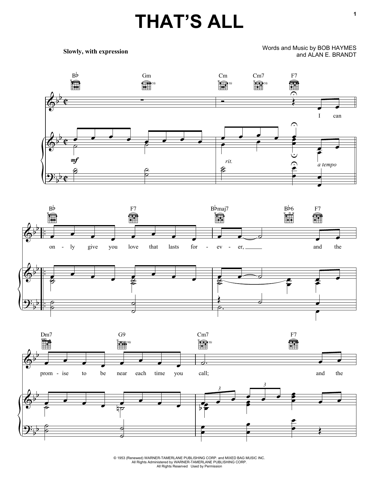 Bobby Darin That's All Sheet Music Notes & Chords for Piano, Vocal & Guitar (Right-Hand Melody) - Download or Print PDF