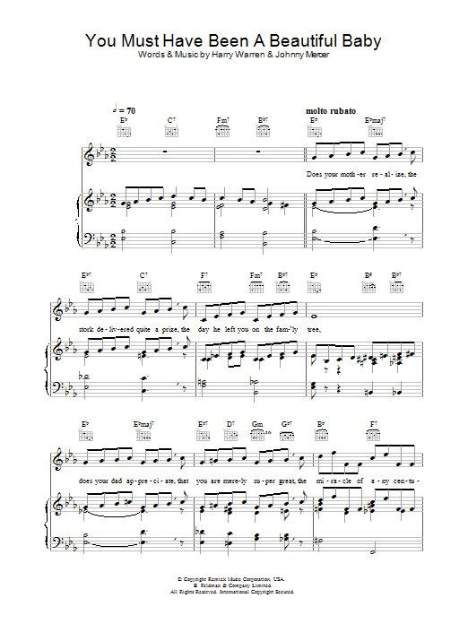 Bobby Darin You Must Have Been A Beautiful Baby Sheet Music Notes & Chords for Piano, Vocal & Guitar (Right-Hand Melody) - Download or Print PDF
