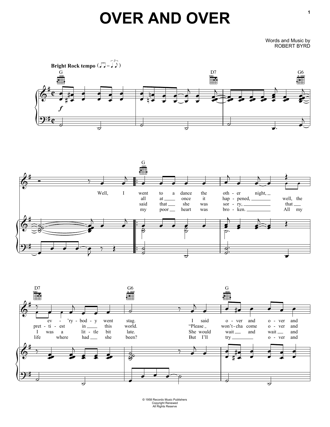 Bobby Day Over And Over Sheet Music Notes & Chords for Piano, Vocal & Guitar Chords (Right-Hand Melody) - Download or Print PDF