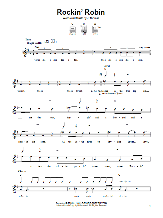 Bobby Day Rockin' Robin Sheet Music Notes & Chords for Lyrics & Chords - Download or Print PDF