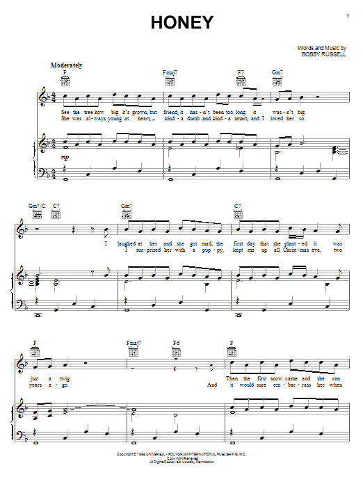 Bobby Goldsboro Honey Sheet Music Notes & Chords for Piano, Vocal & Guitar (Right-Hand Melody) - Download or Print PDF