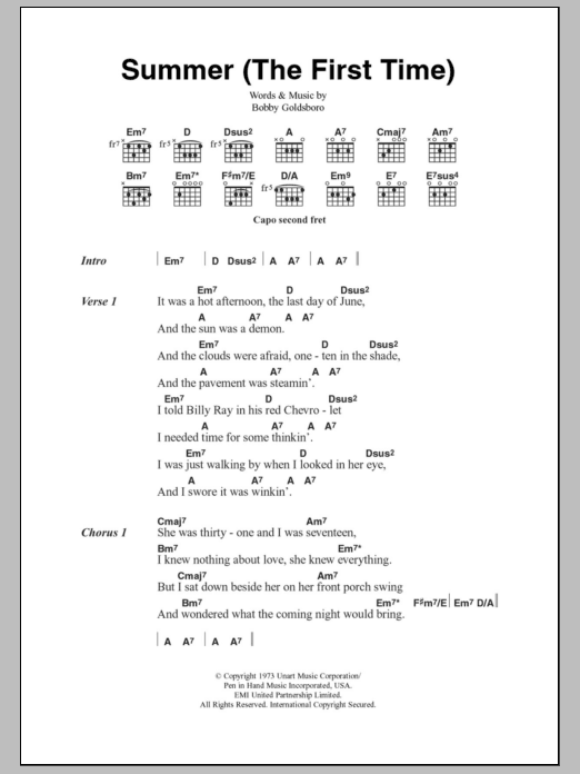 Bobby Goldsboro Summer (The First Time) Sheet Music Notes & Chords for Lyrics & Chords - Download or Print PDF