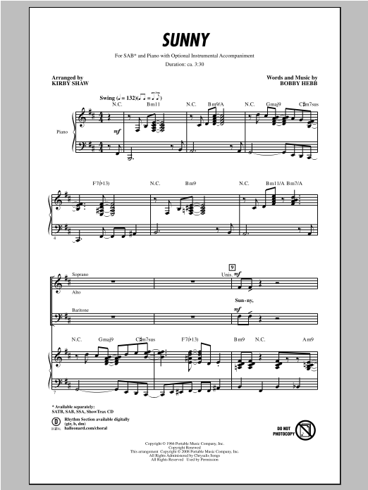 Bobby Hebb Sunny (arr. Kirby Shaw) Sheet Music Notes & Chords for SAB - Download or Print PDF