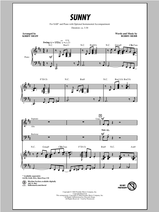 Bobby Hebb Sunny (arr. Kirby Shaw) Sheet Music Notes & Chords for SATB - Download or Print PDF