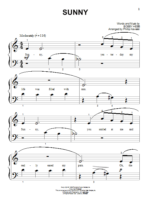 Bobby Hebb Sunny Sheet Music Notes & Chords for Piano - Download or Print PDF