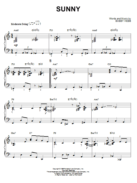 Bobby Hebb Sunny [Jazz version] (arr. Brent Edstrom) Sheet Music Notes & Chords for Piano - Download or Print PDF