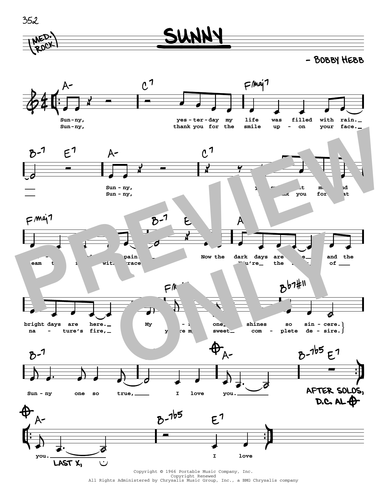 Bobby Hebb Sunny (Low Voice) Sheet Music Notes & Chords for Real Book – Melody, Lyrics & Chords - Download or Print PDF