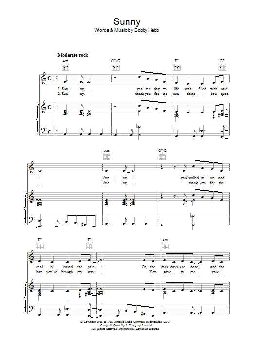 Bobby Hebb Sunny Sheet Music Notes & Chords for Easy Ukulele Tab - Download or Print PDF