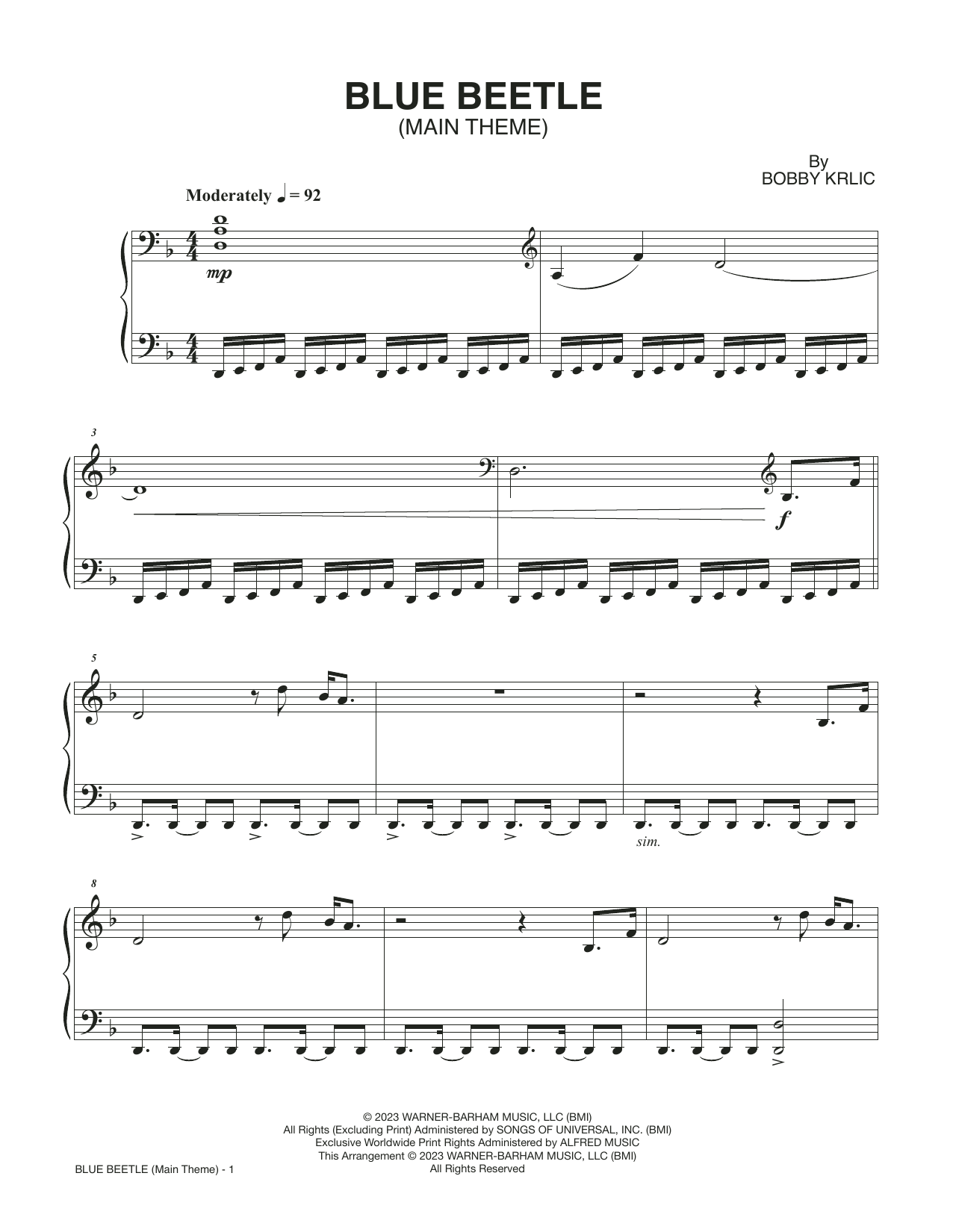Bobby Krlic Blue Beetle (Main Theme) Sheet Music Notes & Chords for Piano Solo - Download or Print PDF