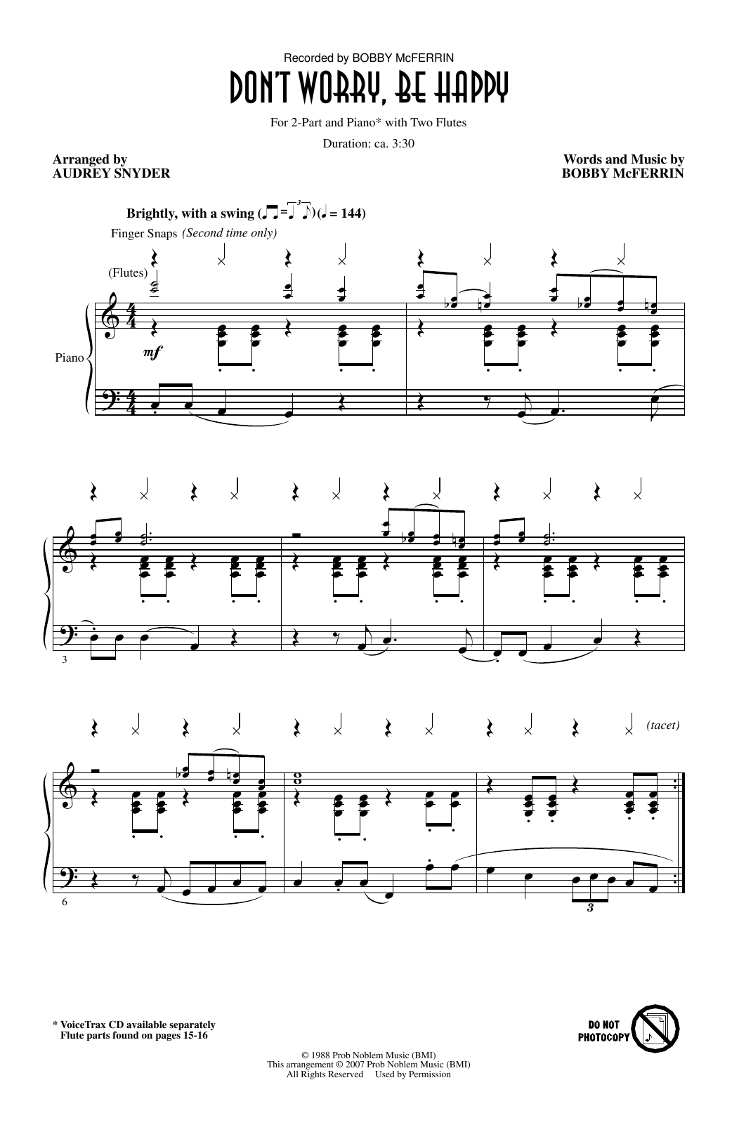 Bobby McFerrin Don't Worry, Be Happy (arr. Audrey Snyder) Sheet Music Notes & Chords for 2-Part Choir - Download or Print PDF