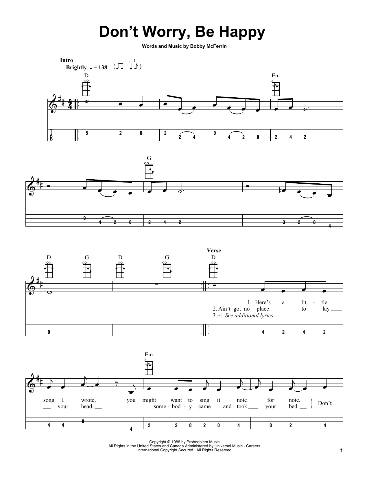 Bobby McFerrin Don't Worry, Be Happy (arr. Bobby Westfall) Sheet Music Notes & Chords for Mandolin - Download or Print PDF