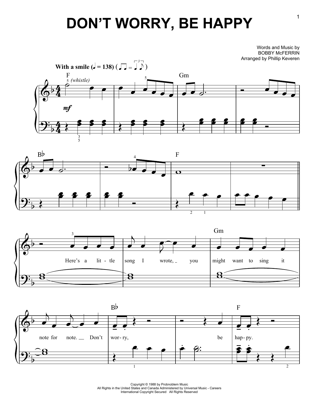 Phillip Keveren Don't Worry, Be Happy Sheet Music Notes & Chords for Easy Piano - Download or Print PDF