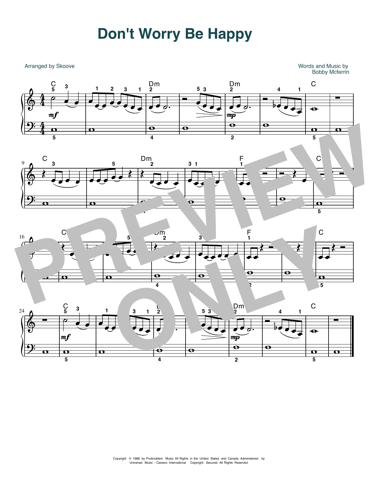 Bobby McFerrin Don't Worry, Be Happy (arr. Skoove) Sheet Music Notes & Chords for Beginner Piano (Abridged) - Download or Print PDF