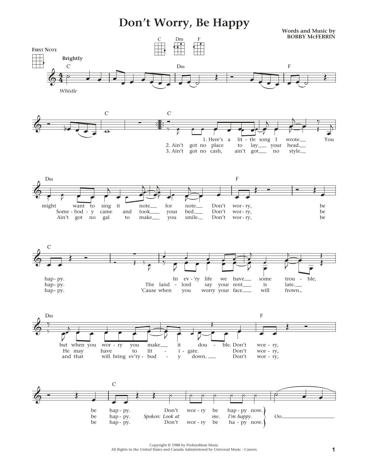 Bobby McFerrin Don't Worry, Be Happy (from The Daily Ukulele) (arr. Liz and Jim Beloff) Sheet Music Notes & Chords for Ukulele - Download or Print PDF