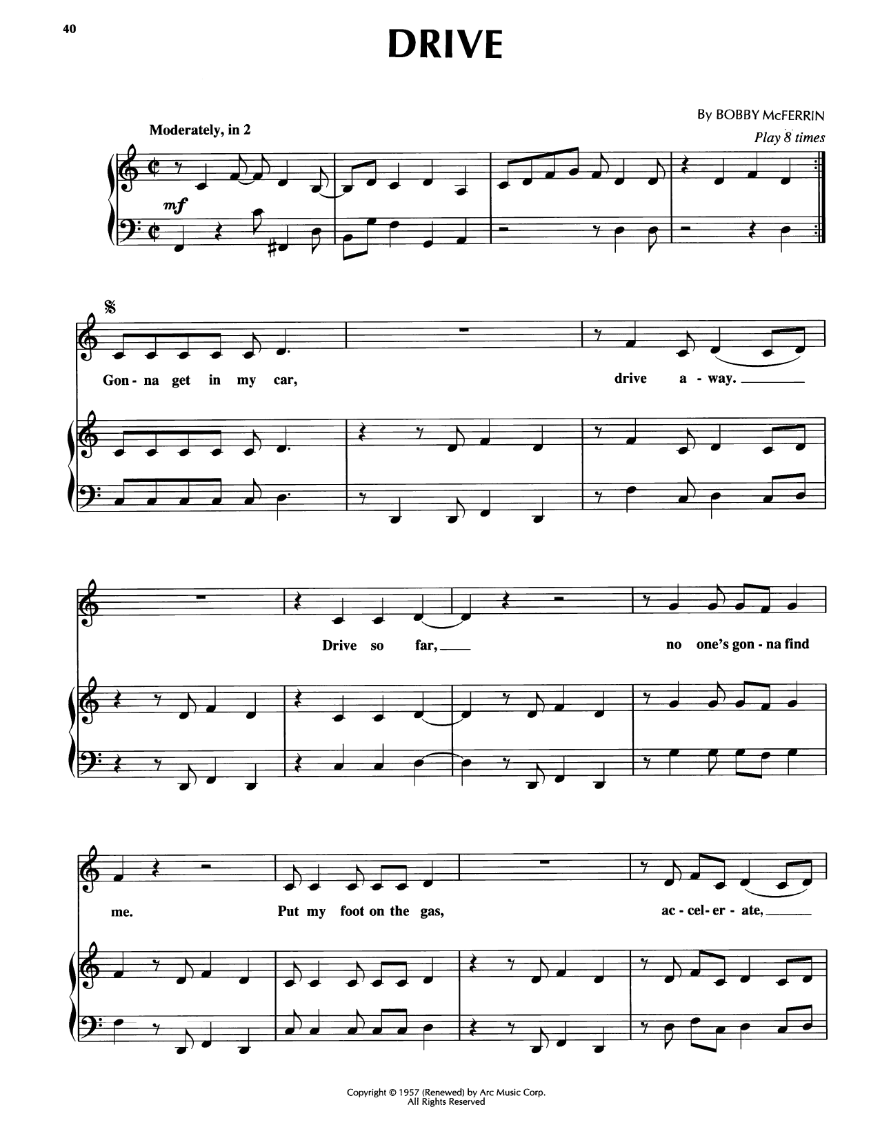 Bobby McFerrin Drive Sheet Music Notes & Chords for Piano, Vocal & Guitar Chords (Right-Hand Melody) - Download or Print PDF