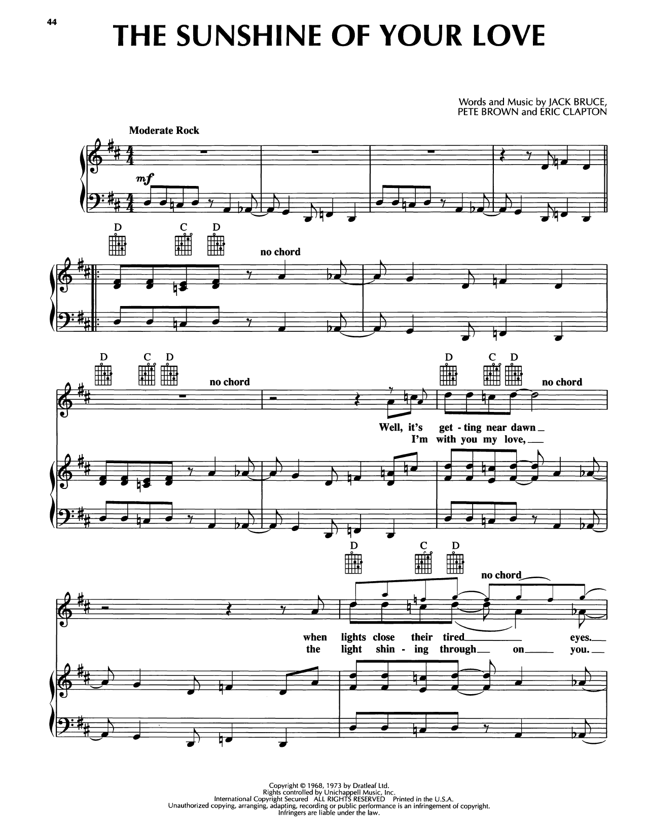Bobby McFerrin Sunshine Of Your Love Sheet Music Notes & Chords for Piano, Vocal & Guitar Chords (Right-Hand Melody) - Download or Print PDF