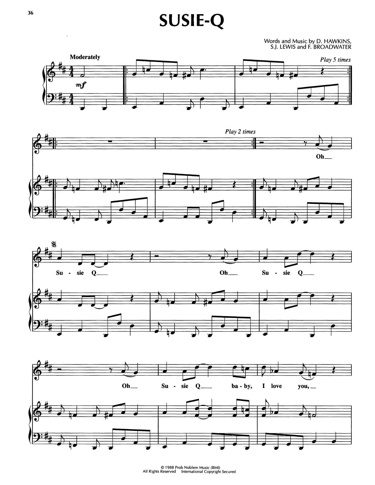 Bobby McFerrin Susie-Q Sheet Music Notes & Chords for Piano, Vocal & Guitar Chords (Right-Hand Melody) - Download or Print PDF