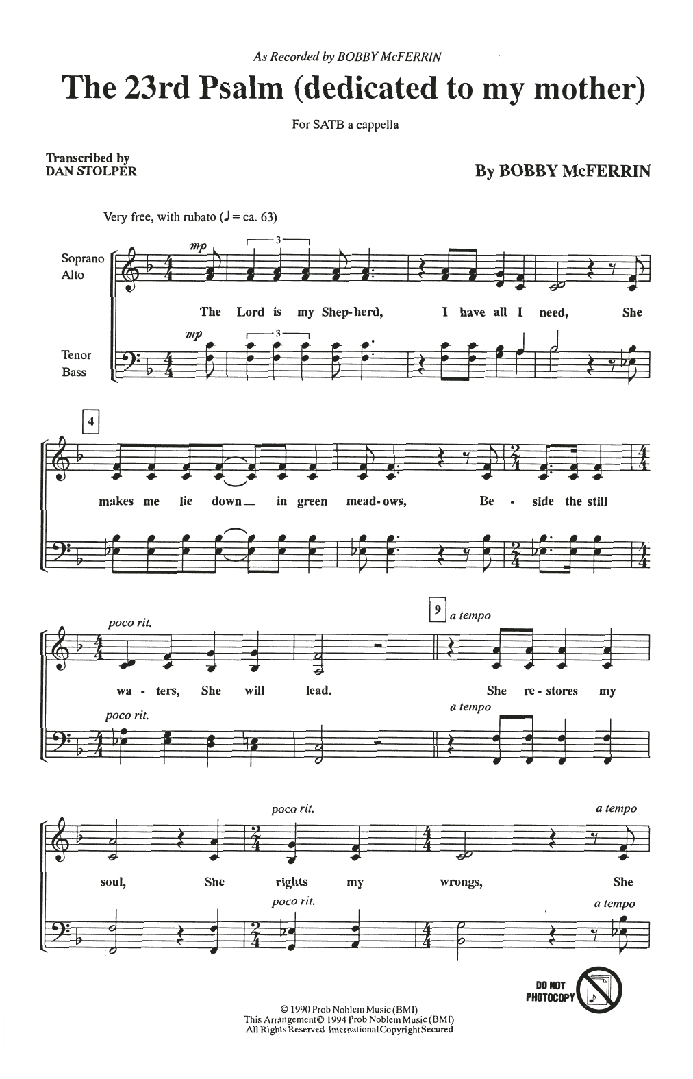 Bobby McFerrin The 23rd Psalm (Dedicated To My Mother) Sheet Music Notes & Chords for SATB Choir - Download or Print PDF